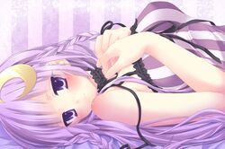  adapted_costume alternate_hairstyle bare_shoulders blush braid camisole choker close-up crescent crescent_moon etou_(cherry7) hair_ornament long_hair looking_at_viewer lying on_back patchouli_knowledge purple_eyes purple_hair solo touhou twin_braids violet_eyes 