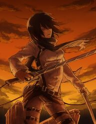  belt black_hair dual_wielding mikasa_ackerman minto shingeki_no_kyojin short_hair sword thigh_strap weapon 