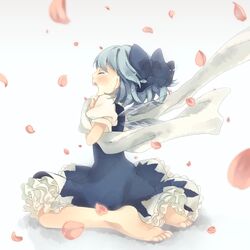  barefoot blue_hair bow cirno closed_eyes dress feet hair_bow kneeling maki_(natoriumu) perfect_cherry_blossom petals petticoat scarf short_hair sitting solo tears touhou wariza wings 
