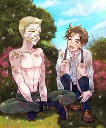  2boys bandages blonde_hair brown_hair bruise caesar_anthonio_zeppeli child green_eyes injury jojo_no_kimyou_na_bouken joseph_joestar_(young) multiple_boys sklpo suspenders young 