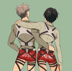  2boys 3dmg bccccc black_hair boxers brown_hair clothes_writing english eren_jaeger from_behind jean_kirchstein multiple_boys no_pants shingeki_no_kyojin underwear 