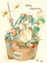  1girl 39 ant barcode bee character_name detached_sleeves flower green_eyes green_hair hair_flower hair_ornament hatsune_miku kanamori_mao ladybug leg_hug long_hair necktie sitting solo spring_onion twintails vocaloid 