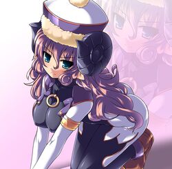  a_merusatimu aqua_eyes bodysuit breasts character_request curly_hair hat horns katami_shinta kneeling long_hair merusatimu pink_hair pointy_ears shinrabansho shinrabanshou shoes solo v_arms zoom_layer 