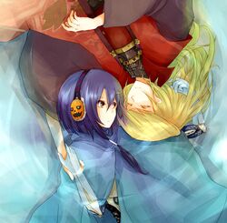  armor blonde_hair bluetenbin brown_eyes closed_eyes coat eyes_closed kujura_(sekaiju) lying olympia purple_hair pyro_jack sekaiju_no_meikyuu sekaiju_no_meikyuu_3 shogun_(sekaiju) 