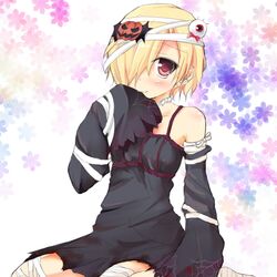  1girl bandages blonde_hair blush detached_sleeves hair_ornament huna idolmaster idolmaster_cinderella_girls red_eyes shirasaka_koume short_hair smile solo torn_clothes wide_sleeves 
