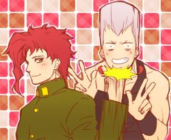  danemaru earrings green_eyes grey_hair jean_pierre_polnareff jewelry jojo_no_kimyou_na_bouken kakyouin_noriaki punching redhead v 