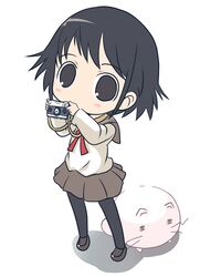  black_hair black_legwear black_pantyhose blush camera cat chibi highres momoneko pantyhose sawatari_fuu school_uniform shirabiso short_hair tamayura 