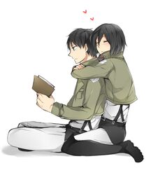  black_eyes black_hair blush boots eren_jaeger heart hug hug_from_behind mamiya_(sheena-1125) mikasa_ackerman shingeki_no_kyojin short_hair 