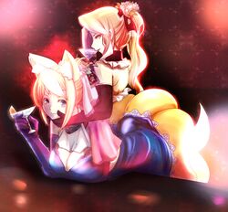  alternate_hairstyle animal_ears blonde_hair breasts cleavage cocktail dearmybrothers drink elbow_gloves formal fox_ears fox_tail gloves highres large_breasts multiple_girls multiple_tails purple_eyes short_hair tail touhou violet_eyes yakumo_ran yakumo_yukari yellow_eyes 
