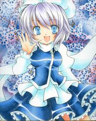  blue_eyes blush breasts hat kazra letty_whiterock purple_hair shikishi short_hair skirt snow snowflakes solo touhou traditional_media 