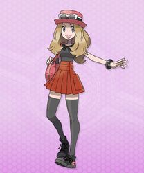  1girl bag bangle black_legwear blue_eyes bracelet female_protagonist_(pokemon_xy) handbag jewelry light_brown_hair long_hair lowres nintendo official_art pleated_skirt pokegear pokemon pokemon_(game) pokemon_xy shoes skirt sleeveless smile sneakers solo sunglasses sunglasses_on_head thigh-highs zettai_ryouiki 