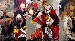  adapted_costume barefoot black_eyes blonde_hair blue_hair bow brown_eyes capelet closed_umbrella column_lineup flower green_eyes hair_bow hair_flower hair_ornament hakurei_reimu kazami_yuuka kirisame_marisa multiple_girls naye ohna onozuka_komachi plaid pointy_ears red_eyes red_hair red_rose redhead remilia_scarlet rose sarashi short_hair thorns touhou umbrella vines wink yellow_rose youkai 