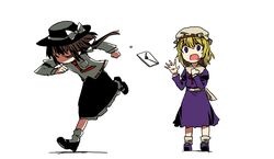  8bit bad_id blonde_hair brown_hair closed_eyes dress envelope hair_ribbon hat hat_ribbon heart maribel_han maribel_hearn mary_janes multiple_girls necktie purple_eyes ribbon running ryoki_(8bit) shoes simple_background sweatdrop tears touhou usami_renko 
