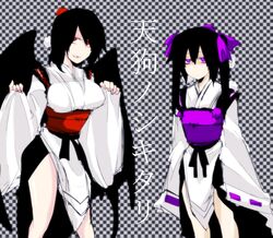  ako96 alternate_costume black_hair breasts hat hata-tan himekaidou_hatate japanese_clothes kourindou_tengu_costume large_breasts long_hair multiple_girls purple_eyes red_eyes shameimaru_aya short_hair tengu tokin_hat touhou twintails violet_eyes 