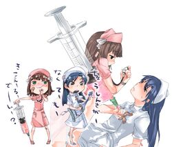  @unko amami_haruka bandaid blue_hair blush brown_hair green_eyes hat idolmaster kisaragi_chihaya large_syringe long_hair multiple_girls nurse nurse_cap oversized_object short_hair simple_background smirk stethoscope sweatdrop syringe 