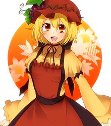  1girl aki_minoriko apron blonde_hair dress food fruit grapes hat leaf lgw7 open_mouth orange_eyes short_hair touhou 