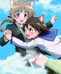  2girls :d animal_ears artist_request between_breasts blonde_hair braid breasts brown_hair clouds head_between_breasts highres holding_hands interlocked_fingers lynette_bishop miyafuji_yoshika multiple_girls necktie open_mouth panties single_braid sky smile strike_witches striker_unit underwear white_panties 