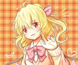  1girl alternate_costume blonde_hair blush bow fang flandre_scarlet heart long_sleeves no_hat no_headwear open_mouth red_eyes school_uniform short_hair side_ponytail solo sweater taka_(taka_wo_kukuru) touhou 
