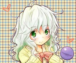  1girl alternate_costume blush bow eyeball green_eyes green_hair heart komeiji_koishi long_hair long_sleeves no_hat no_headwear school_uniform smile solo sweater taka_(taka_wo_kukuru) touhou 
