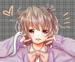  1girl alternate_costume blush bow brown_eyes brown_hair houjuu_nue long_sleeves open_mouth school_uniform shirt short_hair smile snake solo sweater taka_(taka_wo_kukuru) touhou 