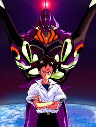  belt black_eyes brown_hair chu-song crossed_arms earth epic eva_01 gunbuster gunbuster_pose ikari_shinji mecha neon_genesis_evangelion parody school_uniform short_hair sleeves_rolled_up space 