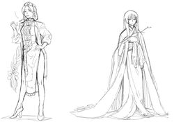  2girls alternate_costume braid branch chinese_clothes dress full_body hand_on_hip hat high_heels houraisan_kaguya japanese_clothes kimono kuroi_yasu long_hair monochrome multiple_girls nurse_cap pipe shoes side_slit single_braid smoking standing touhou very_long_hair yagokoro_eirin 