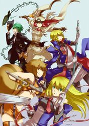  blazblue blonde_hair blue_eyes brown_eyes brown_hair green_eyes green_hair gun hazama jin_kisaragi kisaragi_jin long_hair lowres makoto_nanaya noel_vermillion red_hair redhead sword thighhighs tsubaki_yayoi weapon yamo yellow_eyes 
