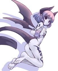  1girl armlet ass barefoot demon_girl demon_tail demon_wings feet original purple_hair shiratama_dango short_hair solo tail violet_eyes wings 
