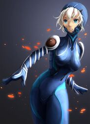  1girl aqua_eyes artist_request blonde_hair bodysuit breasts highres mag_(warframe) short_hair solo tight warframe 