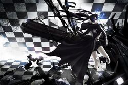  black_rock_shooter black_rock_shooter_(character) blue_eyes boots chain checkered cross glowing glowing_eyes pale_skin shorts stu_dts twintails 