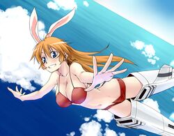  as-special bikini_top blue_eyes breasts brown_hair bunny_ears charlotte_e_yeager cleavage cloud clouds dutch_angle flying grin large_breasts long_hair mecha_musume navel ocean p-51_mustang satou_atsuki short_shorts shorts sky smile solo strike_witches striker_unit unbuttoned 