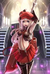  1girl alisa_ilinichina_amiella arms_up blue_eyes boots breasts cabbie_hat elbow_gloves fingerless_gloves gloves god_eater god_eater_burst hat long_hair navel off_shoulder open_mouth pale_skin pantyhose plaid plaid_skirt skirt solo stairs suspenders sword thigh-highs thigh_boots under_boob weapon white_hair yazuo 
