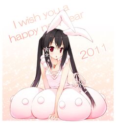  animal_ears black_hair brown_eyes bunny_ears carrot dress english hair_ribbon jewelry k-on! long_hair nakano_azusa necklace new_year ribbon senji_(tegone_spike) twintails 