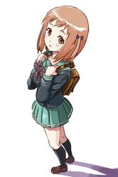  1girl aida_yuu backpack bag blush bowtie breasts brown_eyes brown_hair hataraku_maou-sama! loafers looking_at_viewer randoseru sasaki_chiho school_bag school_uniform serafuku shoes short_hair simple_background smile socks solo twintails 