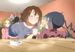  bad_id bent_over black_hair blonde blonde_hair blush blush_stickers book bookshelf brown_eyes closed_eyes denim denim_shorts eyes_closed grin hair_ornament hairband hairclip high_res highres hirasawa_yui incipient_kiss juice_box k-on! kotobuki_tsumugi long_hair mouth_hold nakano_azusa nishiuri_warito o3o pocky scared shorts smile sparkle stuffed_animal stuffed_toy surprised tainaka_ritsu teddy_bear 