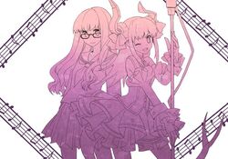  2girls fate/extra fate/extra_ccc fate_(series) female_protagonist_(fate/extra) glasses horns lancer_(fate/extra_ccc) multiple_girls musical_note nomoc polearm spear weapon 