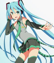 1girl aqua_hair detached_sleeves green_eyes hatsune_miku headset kaiman long_hair necktie open_mouth skirt solo thighhighs twintails very_long_hair vocaloid