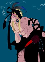  1boy baba_kanade blonde_hair cigarette earrings facial_mark headdress jewelry jojo_no_kimyou_na_bouken muscle solo tattoo wham 