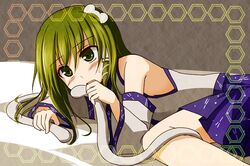  blush detached_sleeves frog green_eyes green_hair hair_ornament kochiya_sanae long_hair lying mashayuki on_side snake solo touhou 
