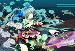  84k aqua_eyes aqua_hair bunny fan flower folding_fan hatsune_miku japanese_clothes kimono long_hair nail_polish off_shoulder rabbit shuri_(84k) smile twintails very_long_hair vocaloid 