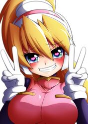  1girl blonde_hair blue_eyes blush breasts ciel_(rockman) double_v gloves grin heart heart-shaped_pupils helmet long_hair long_sleeves ponytail rockman rockman_zero semikichi smile solo symbol-shaped_pupils v white_background 