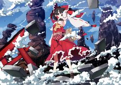  1girl ascot black_hair bow brown_eyes detached_sleeves enagata hair_bow hair_tubes hakurei_reimu long_hair ribbon skirt solo tiles torii touhou 