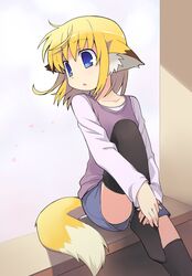  apricot apricot_(yamai) black_legwear black_thighhighs blonde_hair casual fox_ears fox_tail leg_up original shorts sitting solo tail thigh-highs thighhighs window windowsill yamai 