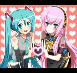  aqua_eyes aqua_hair blush detached_sleeves hatsune_miku heart heart_hands heart_hands_duo letterboxed long_hair megurine_luka multiple_girls necktie pink_hair skirt thigh-highs thighhighs twintails very_long_hair vocaloid yunca 