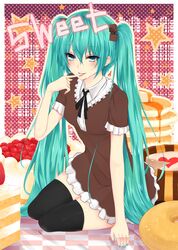  aqua_eyes aqua_hair bad_id cake checkered doughnut dress finger_licking food hatsune_miku highres licking long_hair nail_polish nuko_(mikupantu) pancake sitting solo thigh-highs thighhighs twintails very_long_hair vocaloid 