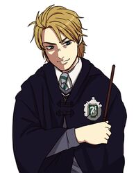  1boy blonde_hair cloak dio_brando green_eyes harry_potter jojo_no_kimyou_na_bouken m003939k parody solo wand 