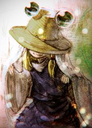  1girl blonde_hair eyes hat long_hair moriya_suwako nenenoa sketch smile solo touhou wide_sleeves 