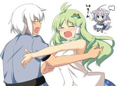  1boy 2girls ahoge apron ascot be_(o-hoho) blue_eyes blush closed_eyes dog_tail frog_hair_ornament glasses green_hair grey_hair hair_ornament hair_tubes izayoi_sakuya knife kochiya_sanae maid maid_headdress morichika_rinnosuke multiple_girls open_mouth puffy_sleeves silver_hair sleeveless snake_hair_ornament sweatdrop tail tears touhou weapon 