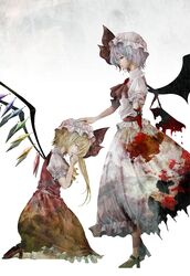  2girls amputee ascot bat_wings blonde_hair blood blood_on_face bloody_clothes blue_hair blue_man brooch commentary_request crying flandre_scarlet hand_on_head hat hat_ribbon jewelry kneeling multiple_girls puffy_sleeves remilia_scarlet ribbon shirt short_sleeves siblings side_ponytail silver_hair sisters skirt skirt_set standing torn_clothes torn_skirt touhou vest wings 