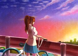 1girl bicycle building clouds guard_rail hair_over_eyes long_hair original pleated_skirt ponytail red_eyes silhouette skirt sky solo sunset twilight udabi